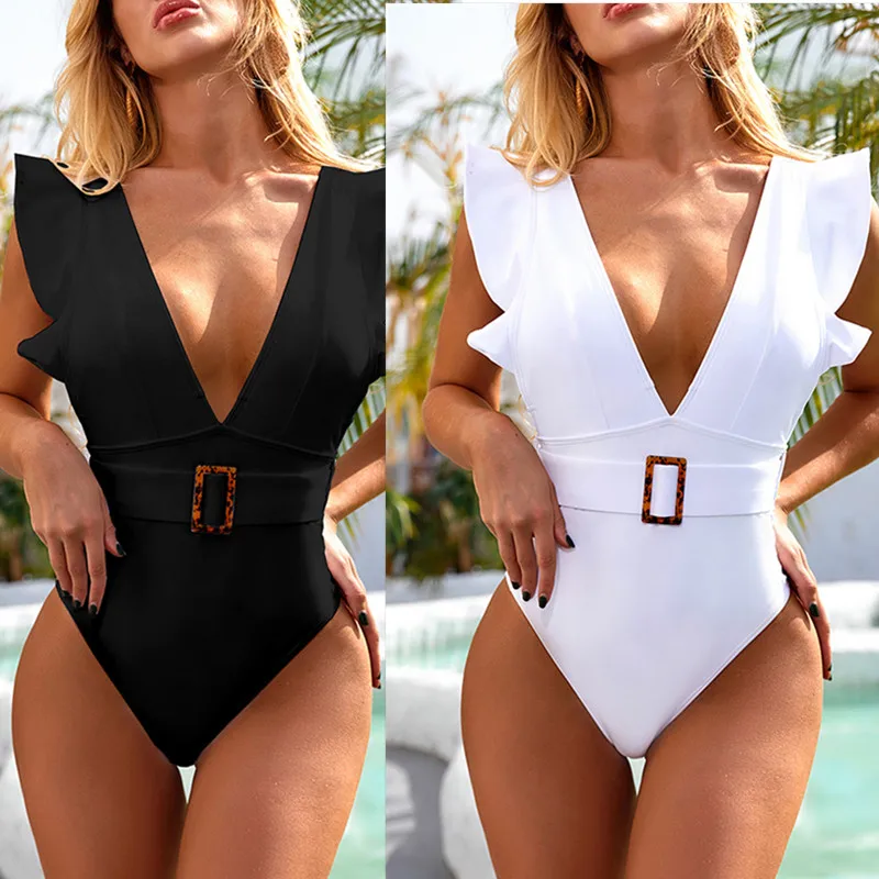 Женский купальный костюм с оборками глубокий v образный вырез пояс боди пляжная