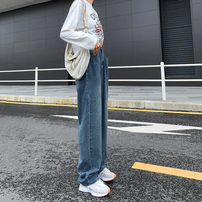 Джинсы с высокой талией и широкими штанинами женский осенний дизайн Ретро стиль