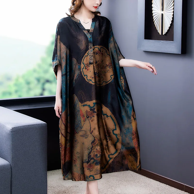 

2023 Women Loose Casual Dresses Summer Vintage Print Natural Silk Beach Midi Dress Elegant Bodycon Party Evening Vestidos