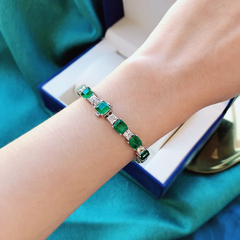 PANSYSEN Vintage Solid 925 Sterling Silver 7MM Emerald Simulated Moissanite Diamond Charm Women Bracelet Fine Jewelry Wholesale