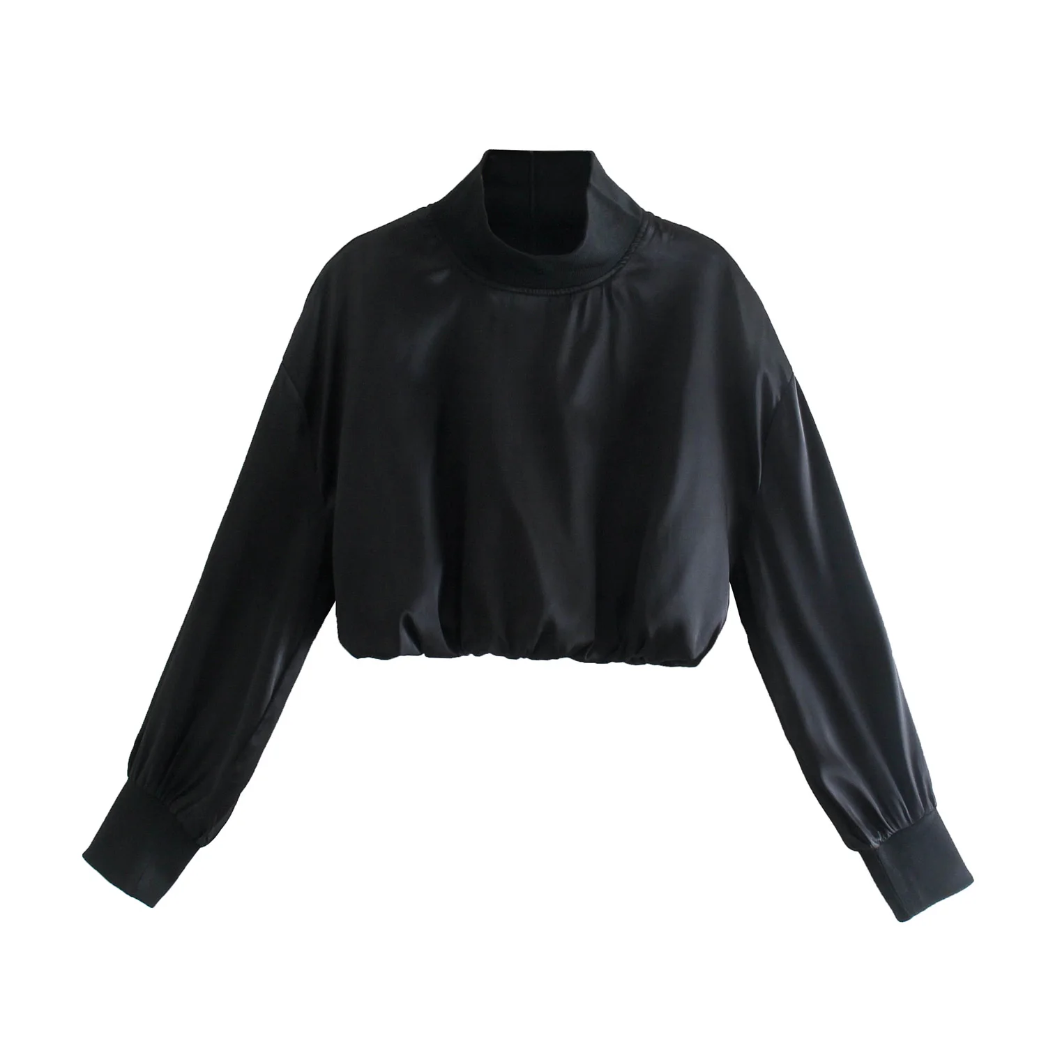 

KRSB Autumn Winter Women's Black High-Neck Pleated Design Zipper Placket Short Sweater Silk Satin Texture Fabric Top High Steet