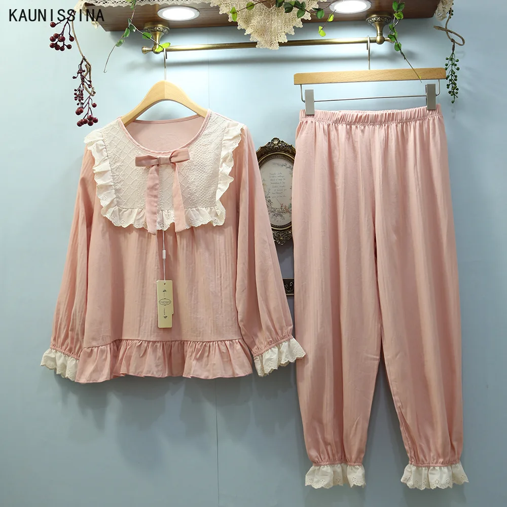 

Wome Long Sleeve Pajamas Spring Autumn Retro Court Style Sweet Princess Lace Sleepwear Homewear Set Ladies Cotton Pajama Sets
