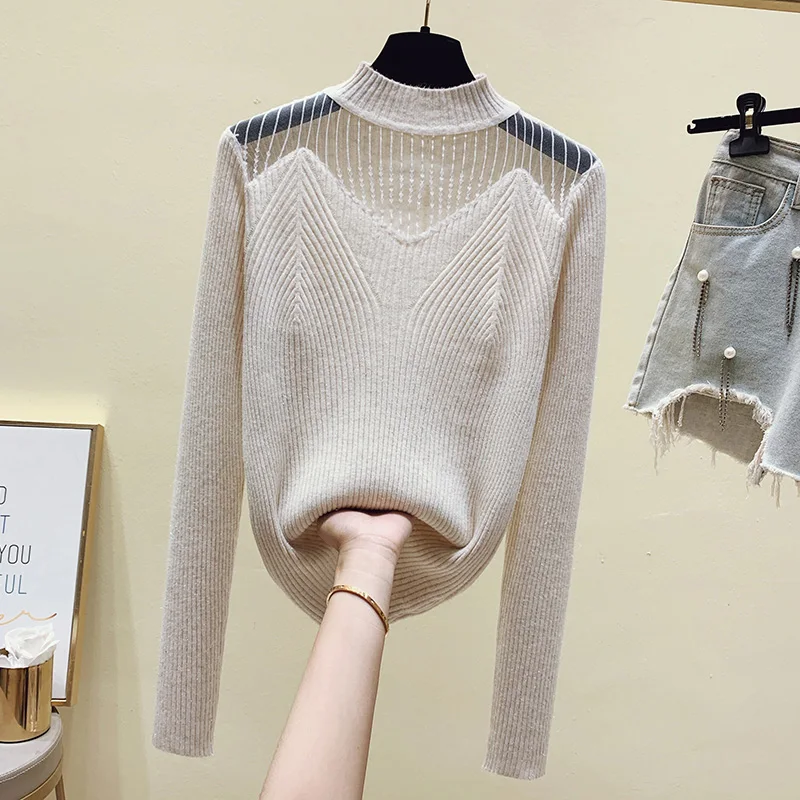 Яркий шелковый кружевной пуловер Женский Осенний блестящий свитер с длинным