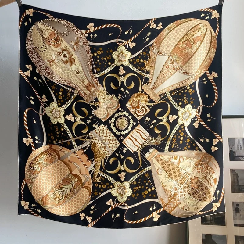 

22mm Heavy 100% Silk Scarf Shawl Hot Air Balloon Prints Women Luxury Large Square Silk Wraps Foulard Cape 2 Side Pattern 42"x42"