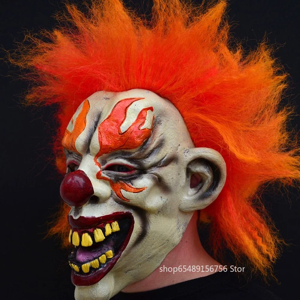 Хэллоуинская маска злобного страшного клоуна с пламенем из резинового латекса с волосами, смешной джокер для взрослых мужчин и женщин на новогоднюю вечеринку или карнавал.