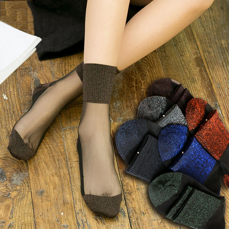 

Transparent Glitter Crystal Silk Summer Socks for Women Breathable Ultrathin Sexy Lace Elastic Color White Black Short Socks