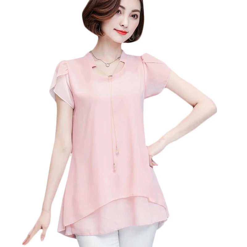 Женская шифоновая блузка с коротким рукавом Повседневная рубашка синего