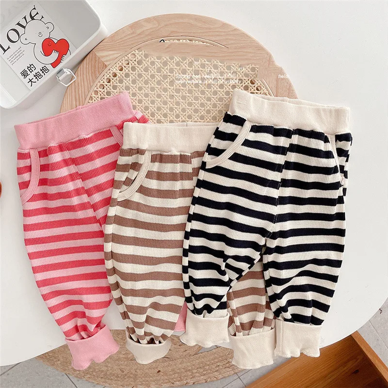 

2021 New girls autumn Waffle striped pants Korean style baby girl soft loose all-match trouser 1-6Y