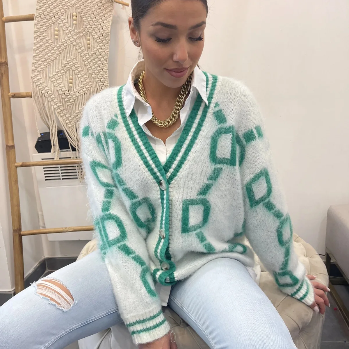 

Женский вязаный свитер, однобортный Свободный Повседневный Кардиган на пуговицах с алмазным узором, зимние повседневные кардиганы, 2022