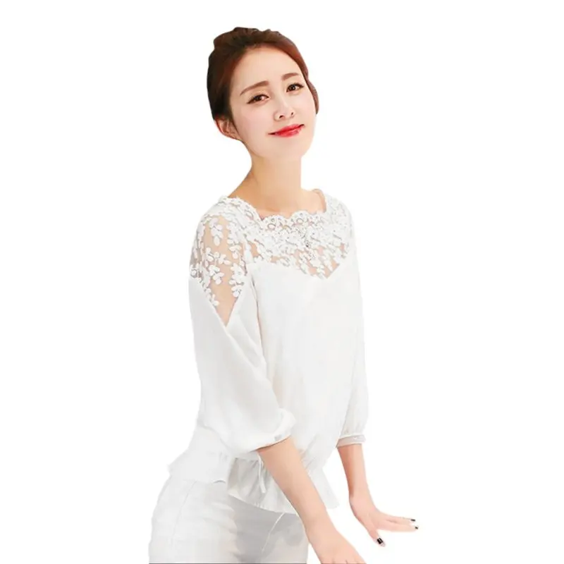 

Women Summer Chiffon Blouse Solid Color Lace Stitching Loose Slash Neck Shirts 3/4 Sleeve Perfect Female Blouses Hot Sale