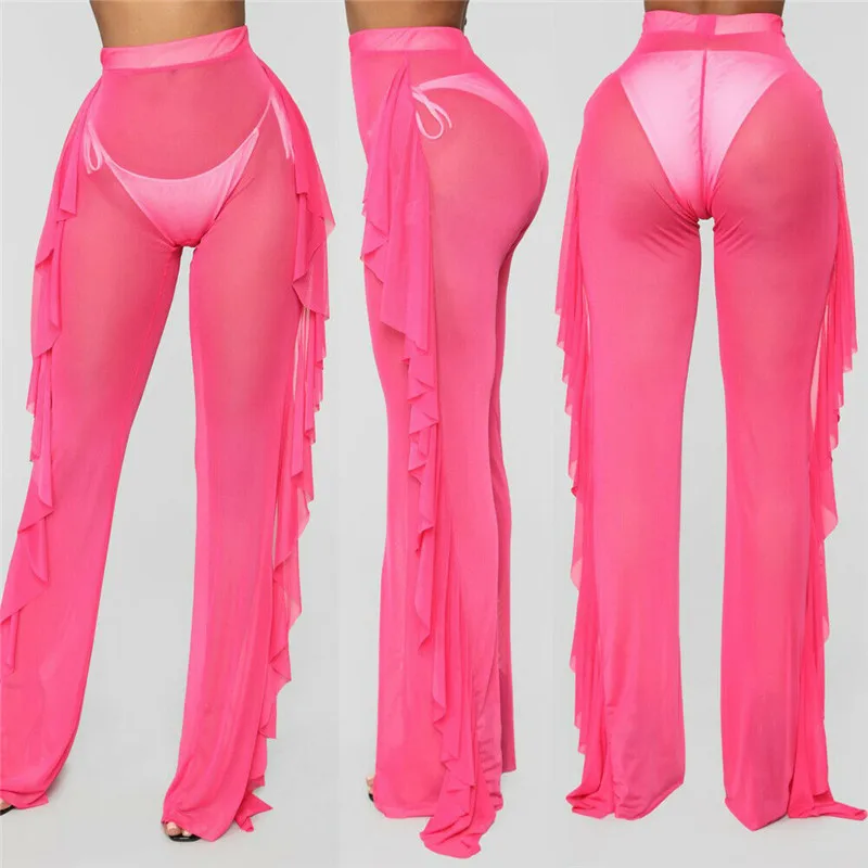 

2021 Sexy Women See-through Pants Bikini Cover Up Mesh Ruffle Bottoms Plus Size Loose Long Trousers Beachwear Swimwear Swimsuit