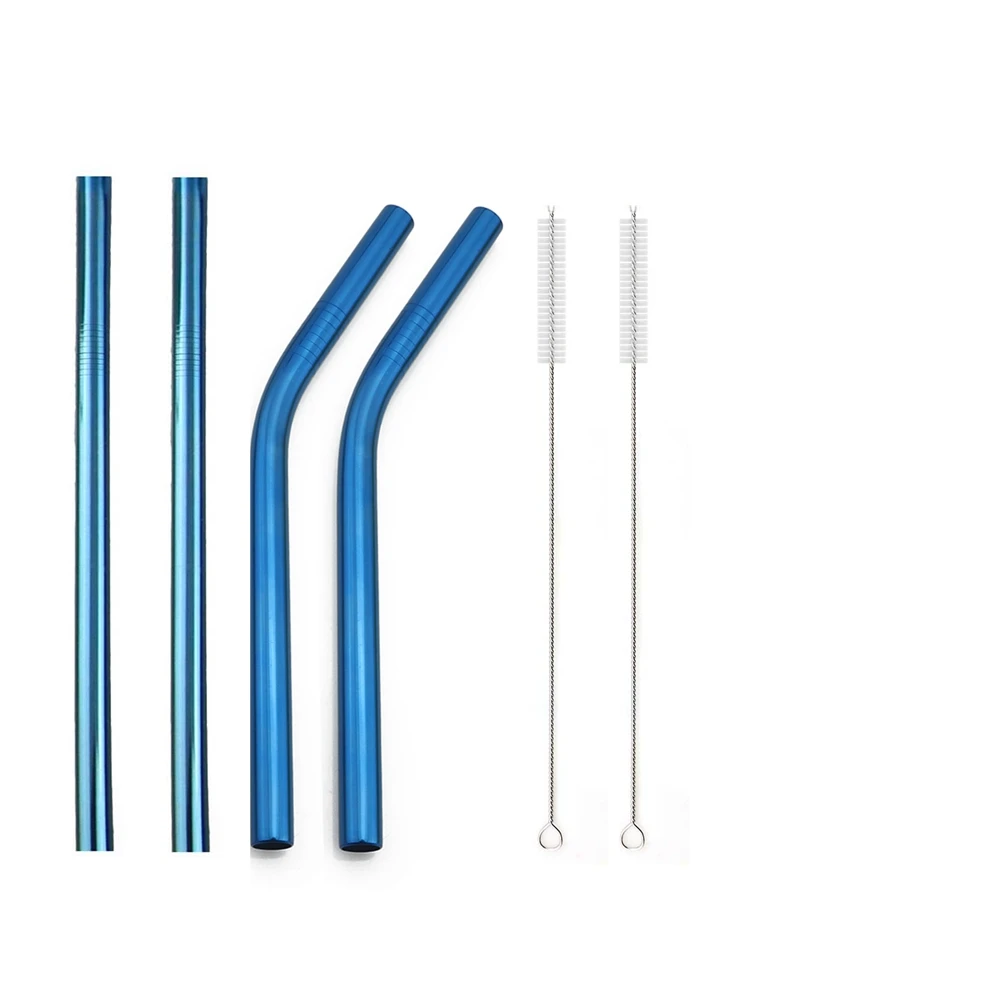 Blue-B 6 шт 12 мм большие сверхширокие соломинки многоразовые портативные соломинки для питья красочные 304 металлические соломинки из нержавеющей стали с 2 кистями - Цвет: Blue-B