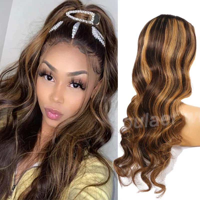 

Oulaer Body Wave Ombre Highlight Color Honey Blonde 13x4 Lace Front Wig Brazilian Virgin Human Hair Pre Plucked Bleached Knots