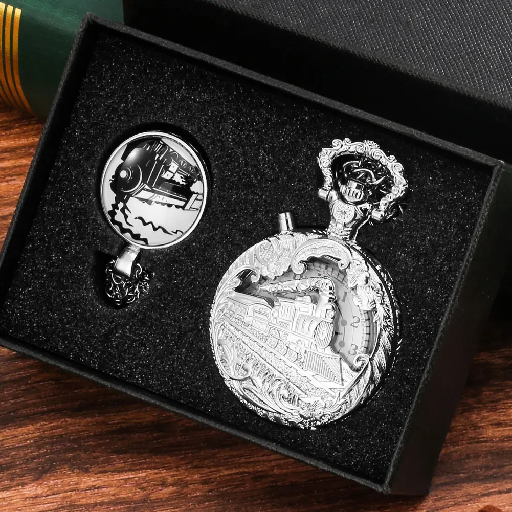 LED Luminous Pocket Watches Silver Steampunk Train Analog Retro Big Quartz Pocket Watch Top Luxury Watch Gifts Set for Men Women