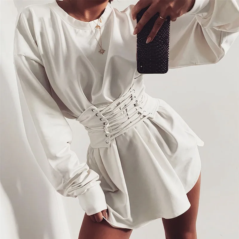 Элегантное женское платье с поясом Свободные повседневные женские платья