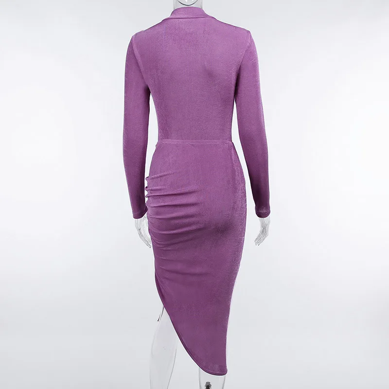 

2021 Fall Women Solid Vintage Knit Long Sleeve Half-high Collar Bodysuit And Drawstring Ruched High Low Wrap Skirt Two Piece Set