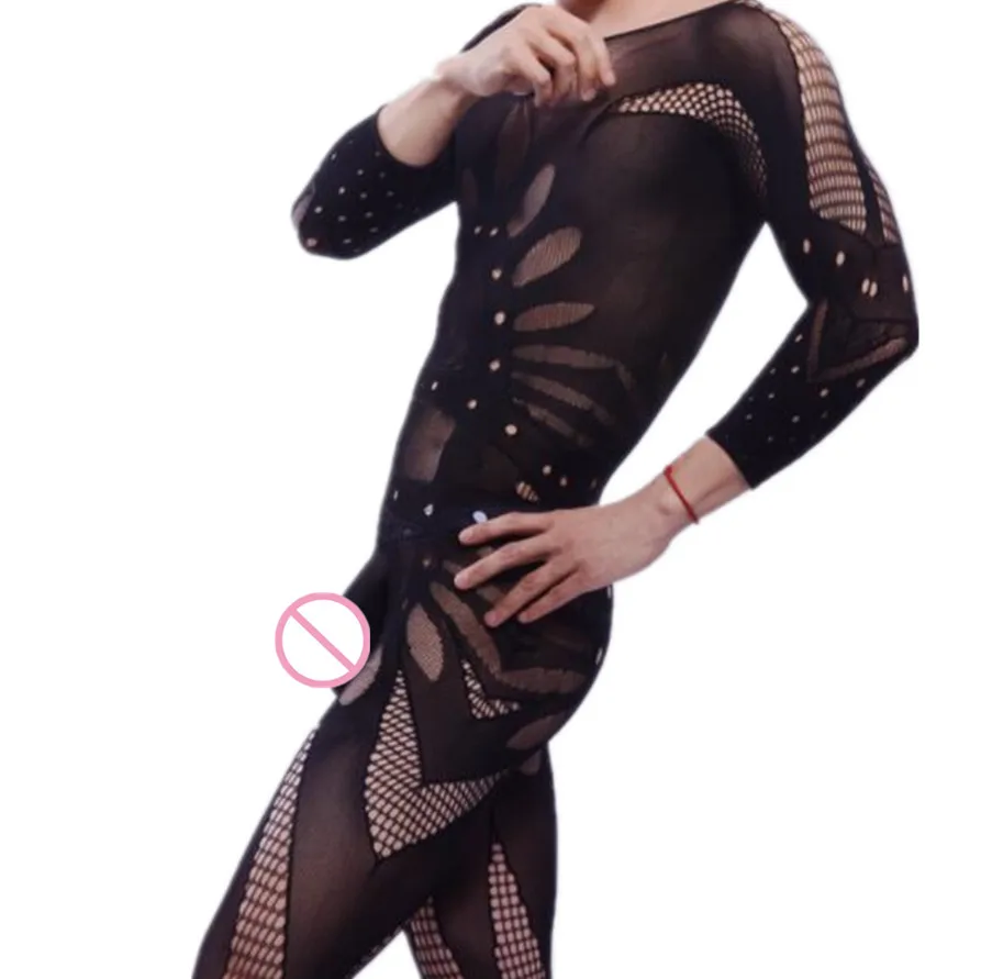 

Gentleman Underwear Novelty Male Bodysuit One-piece Fishnet Clothing Funny Men Jumpsuit Sexy Lingerie Man Sissy Sleepwear Black