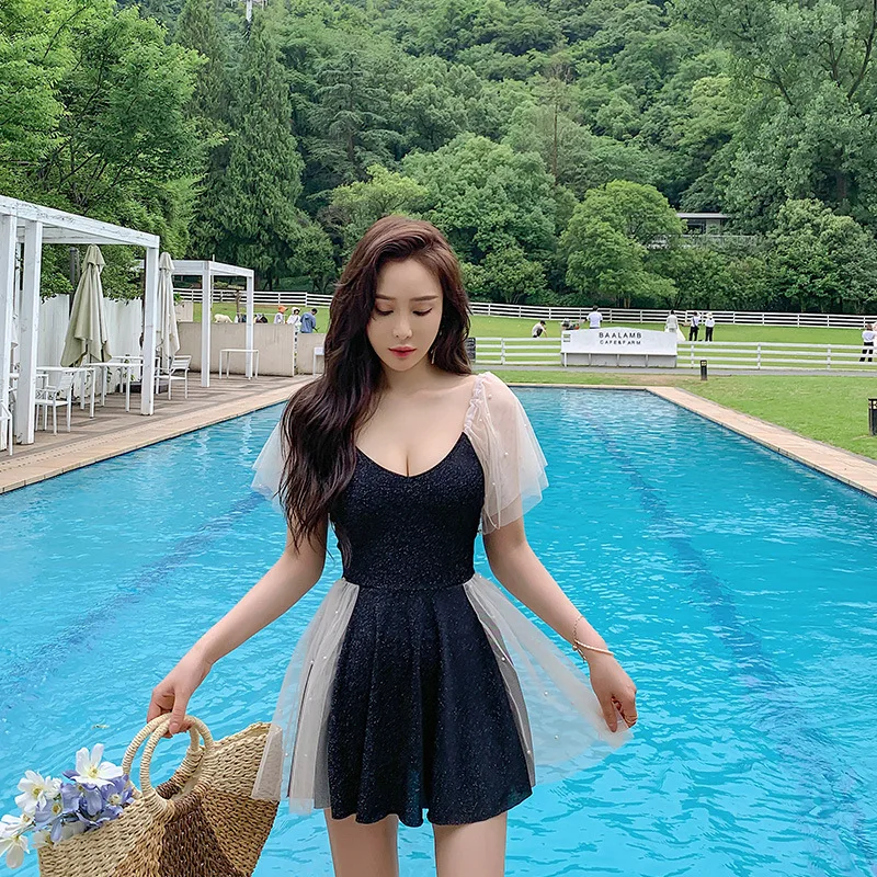 

Ousefu Women Black Color Surf Beach Dress Swimming Woman's Clothing Pleated Skirt Swimwear One Piece Skirt Swimsuit For Female's