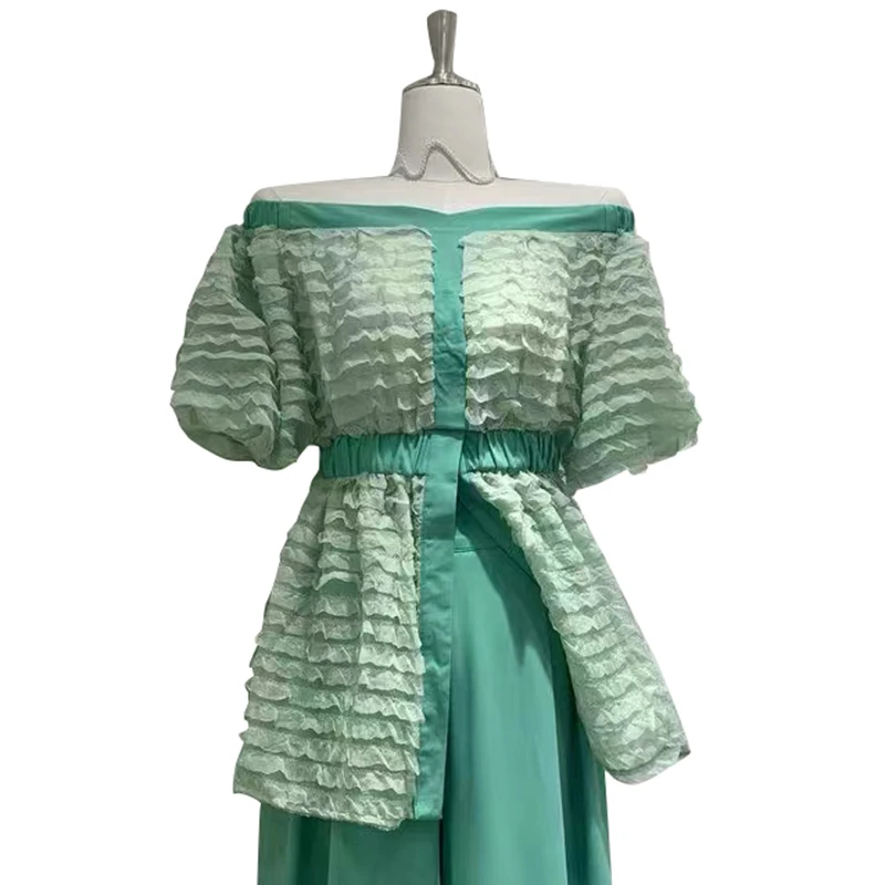 

VGH Elegant White Shirts For Women Slash Neck Puff Short Sleeve Ruched Slim Korean Split Blouses Females 2021 Summer Fashion New