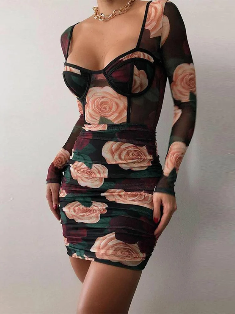 

Sexy mesh rose flower dress European and American slim slimming hip dress, see-through hedging high waist dress