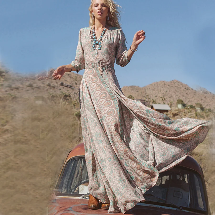 

boho long dress Vintage 2021 floral print Chiffon three quarter sleeve v-neck summer Gypsy Hippie women dresses vestidos