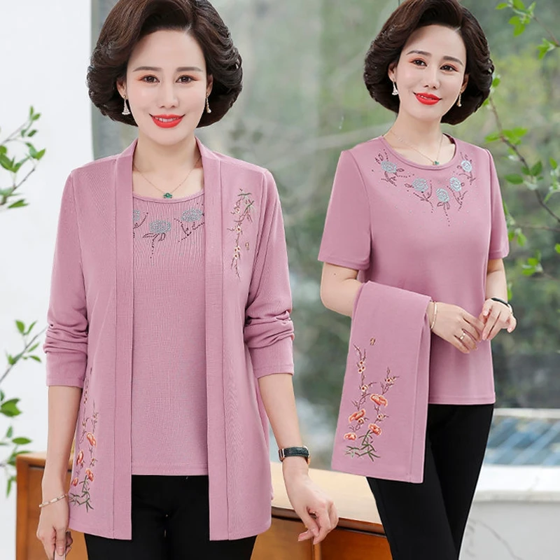 

Two Pieces Spring Fall Middle Age Mother Clothes Flower Pullover 5XL Fashion Casual Women Diamond Top