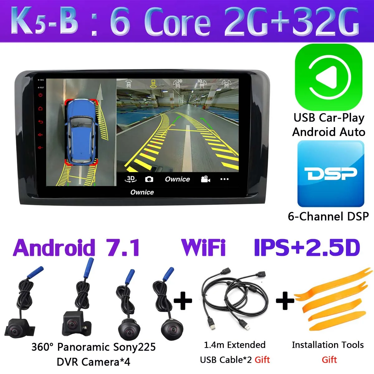 K5-B-CarPlay 1Din 360 ° камера Android 9,0 4 Гб+ 64 Гб SPDIF DSP CarPlay автомобильный мультимедийный плеер для Mercedes Benz ML GL W164 X164 SPDIF gps радио - Цвет: K5-B-CarPlay