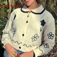 women cute sweater new 2021 spring autumn long sleeve single breasted turn down collar embroidery flower knitted short cardigan