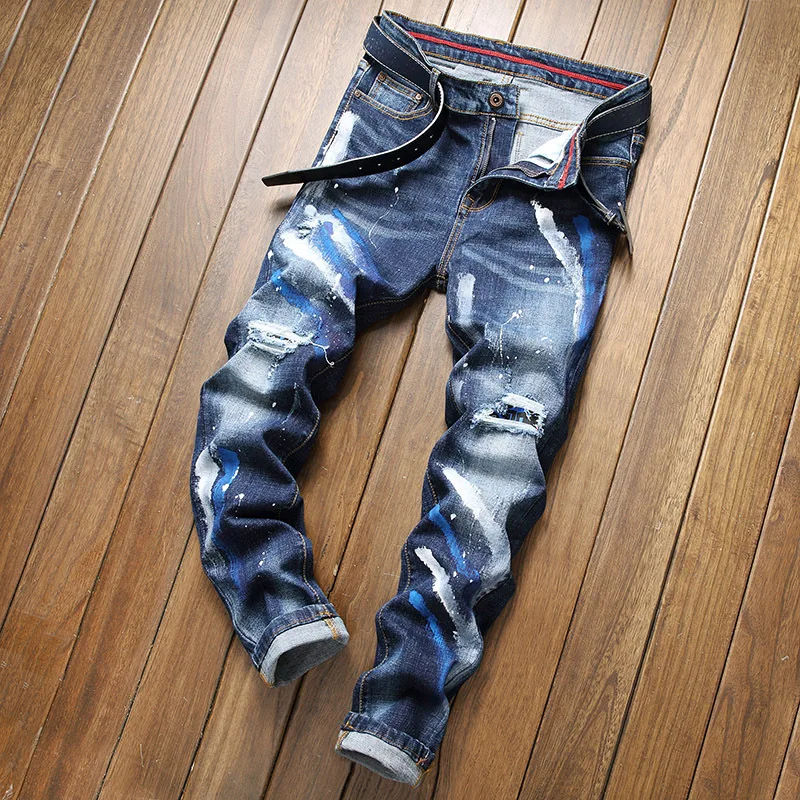 Джинсы мужские в горошек облегающие длинные брюки из денима европейском стиле