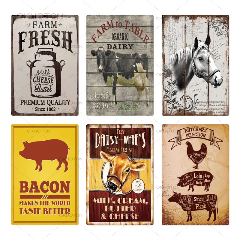 Жестяная винтажная табличка с изображением свежего молока на ферме