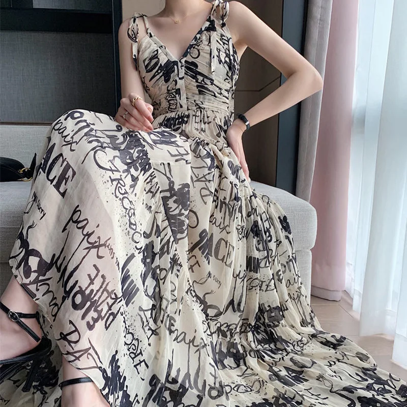 

2021 New French Vintage Waist Summer Dresses Fashion Sling V-Neck Women Long Dresses Tie Dye Camisole Backless Female Dresses