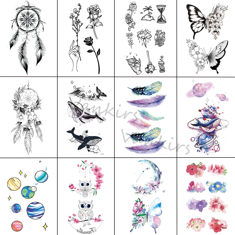 

Black Dream Catcher Temporary Tattoos For Kids Adults Watercolor Feather Planet Cat Whale Cluster Fake Tattoo Sticker Arm Tatoos