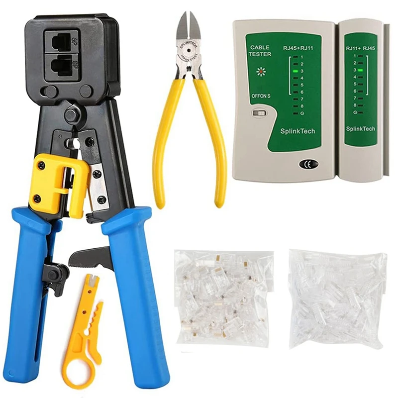RJ45 Crimp Tool Kit Network Cable Tester Pass Through Cat6 Cable Tester And Crimper For RJ45/RJ12 Regular