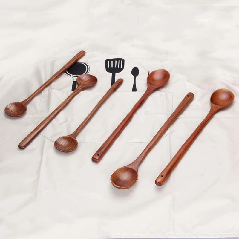 

6-Piece Long Wooden Handle Spoon, Cooking Spoon, Teaspoon, Mixing Spoon, Kitchen Spoon 13 and 11 Inch