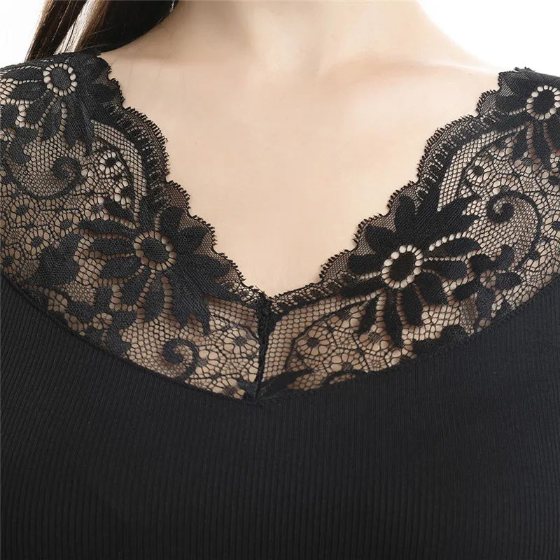 

Plus Size Women T-shirt Sexy Solid Color Lace Patchwork Deep V Neck Short Sleeve Shirt Clothing 2020 New Womens Tops