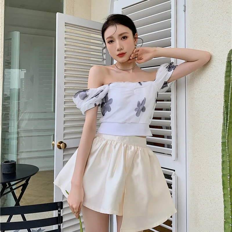 

Korejepo Women Shirt 2021 Summer New French Retro Floral Slash Neck Puff Sleeve Short Tops Chiffon Shirt Short-sleeved Female