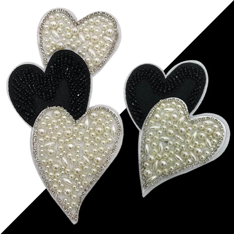 

3D Ручная работа, искусственное черно-белое сердце, пришивная Аппликация с кристаллами и бисером, милая нашивка значок, любовь