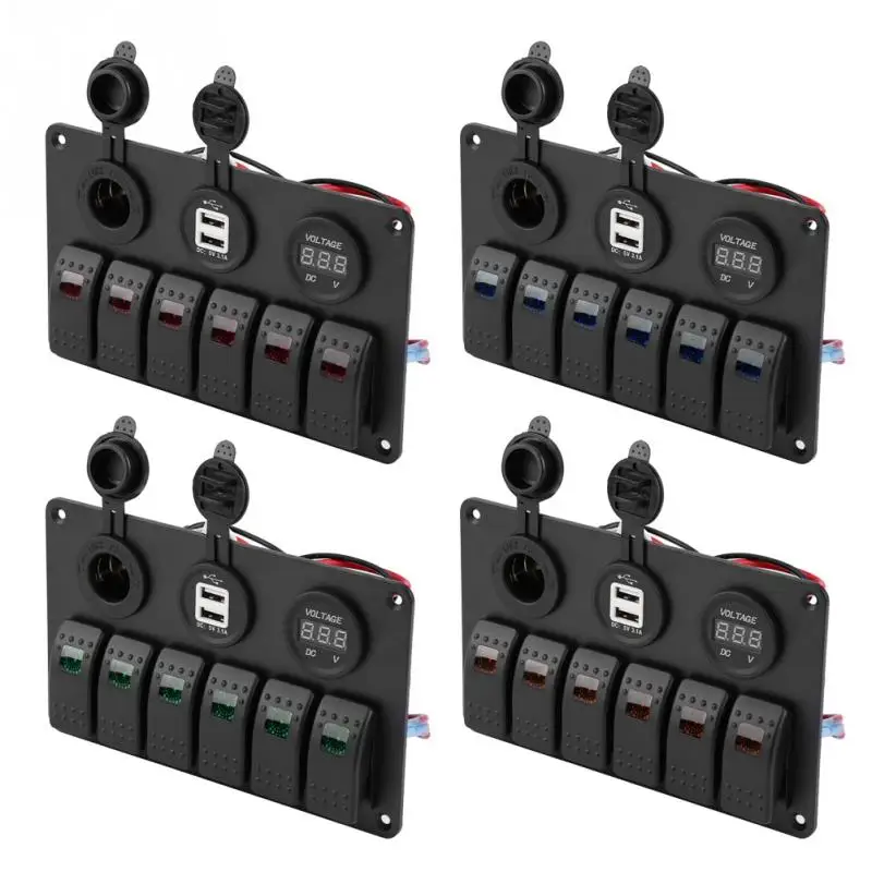 12V 24V 6 Gang Car Boat Marine LED Rocker Switch Panel Dual USB Voltmeter Cigarette Lighter Charge 4 Color | Автомобили и