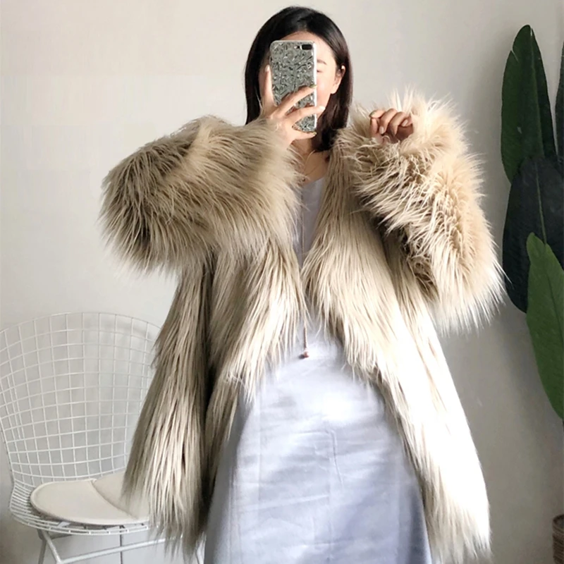 Меховое пальто женское пушистое теплое с длинным рукавом женская верхняя одежда