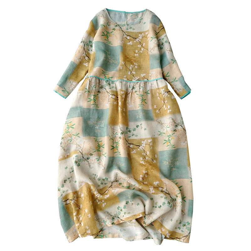 

SHUCHAN Print Dress for Women Prairie Chic Ramie A-Line Summer Mid-Calf 2021 Summer ropa mujer verano vestidos de salir