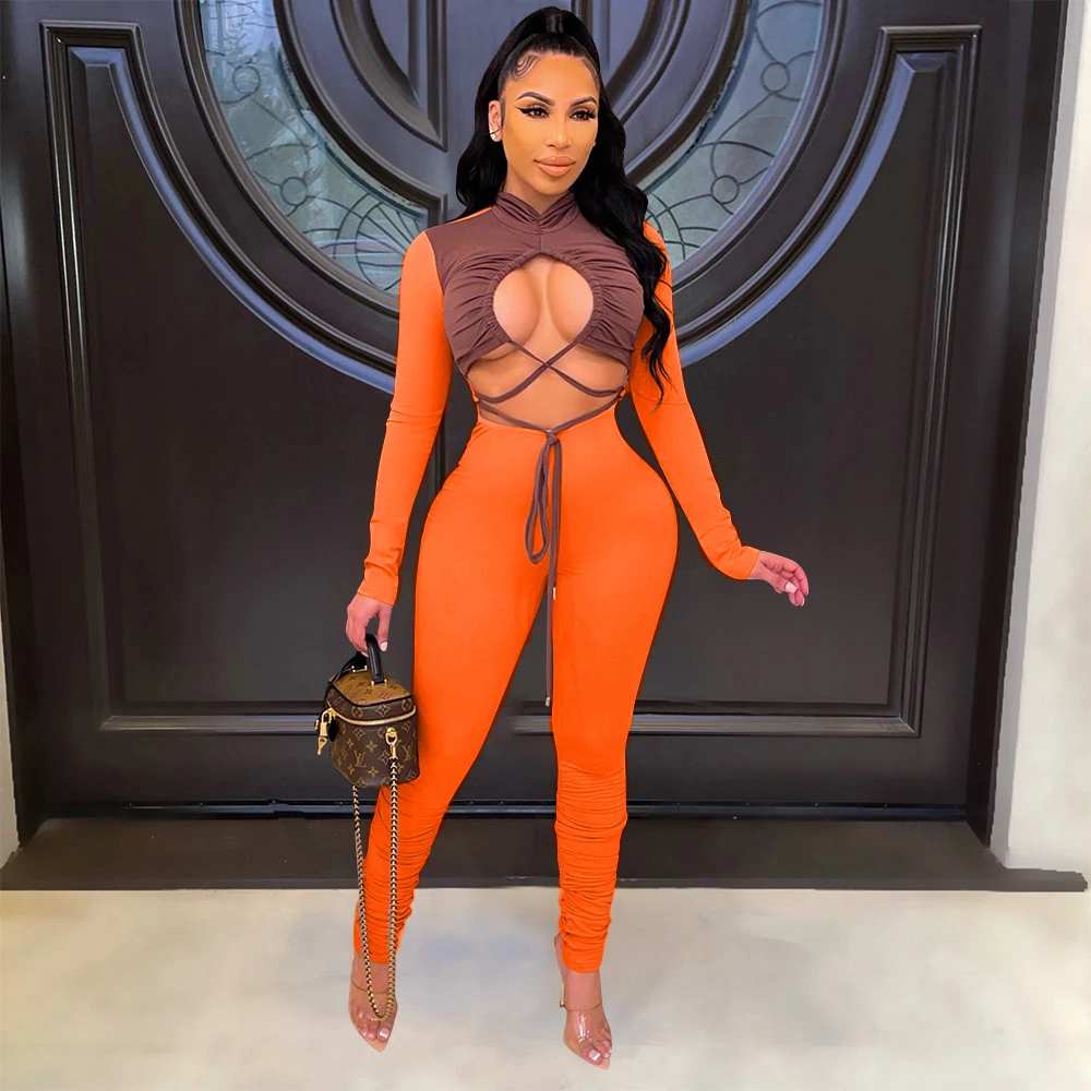 

Contrast Color Skinny Rompers Womens Jumpsuit Sexy Hollow Out Ruched Drawstring Overalls Hipster Full Sleeve Bodycon Bodysuits