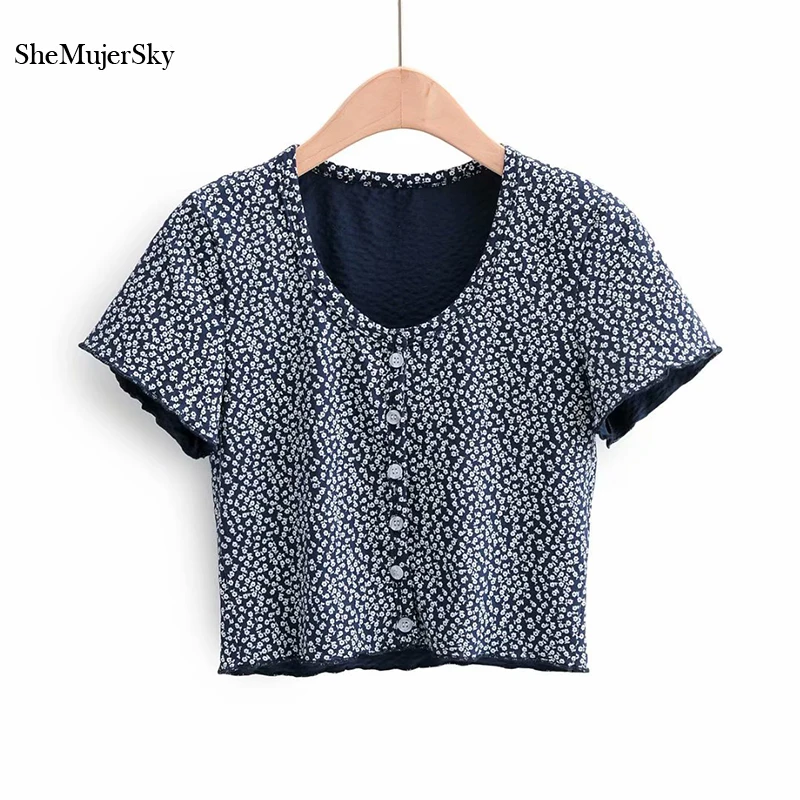 

Women Little Floral Print Blouse Summer O-neck Buttons Crop Top 2020 Dark Blue Short Sleeve Shirts