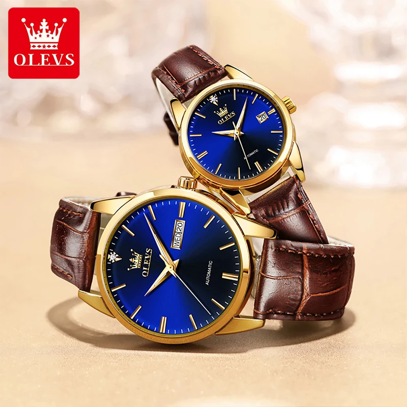 OLEVS New Fashion Couple Casual Waterproof Luminous Pointer Mechanical Watches High Quality Breathable Leather Strap Watch 6629