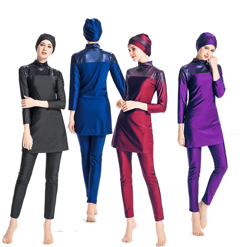 

Women Plus Size Muslim Swimwear Long Sleeve Patchwork Hijab Islamic Swimsuit Full Cover Swim Surf Wear Burkinis Bathing Suit