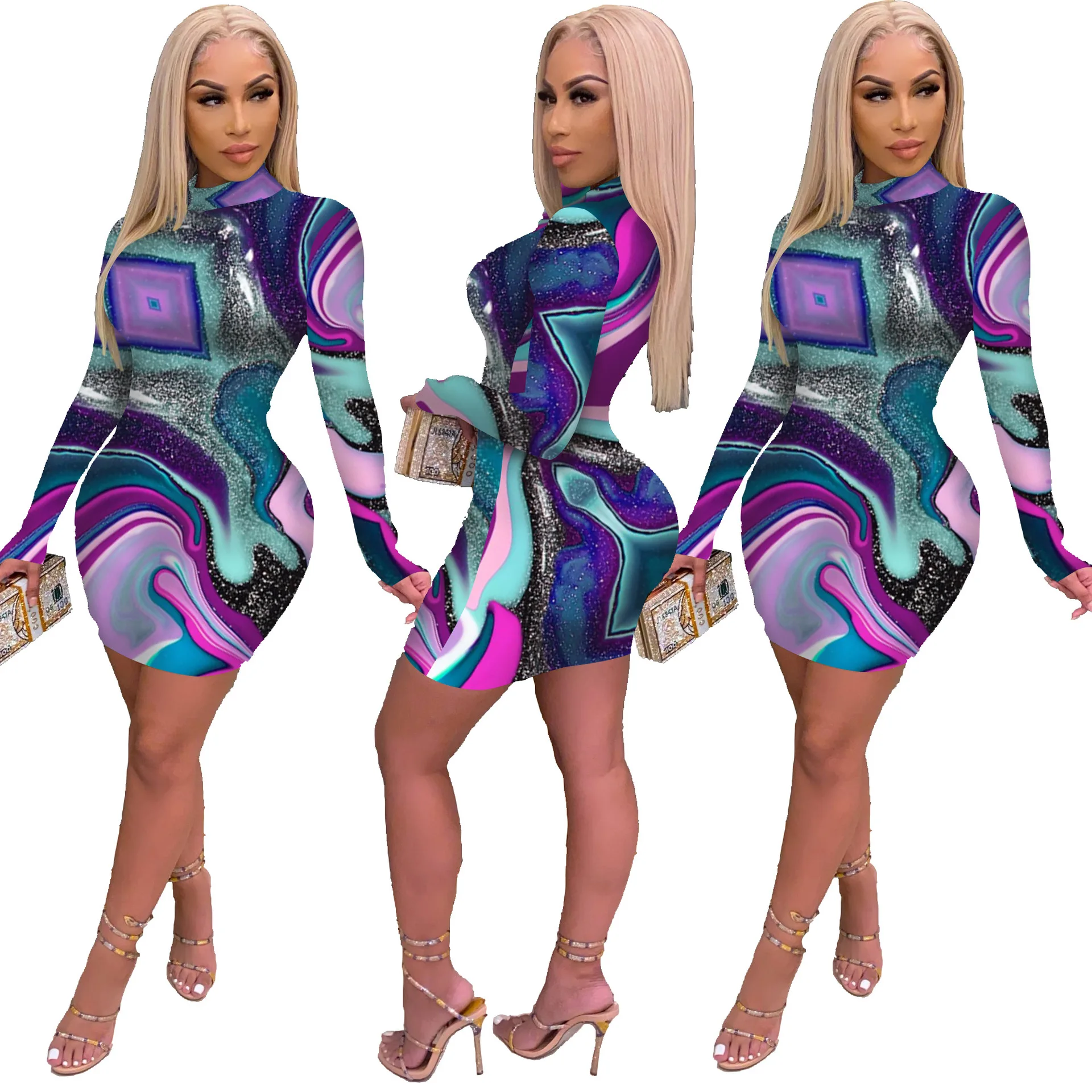 

2022 New Women's Fashion Sexy Digital Printing Long Sleeved Bodycon Party Dress