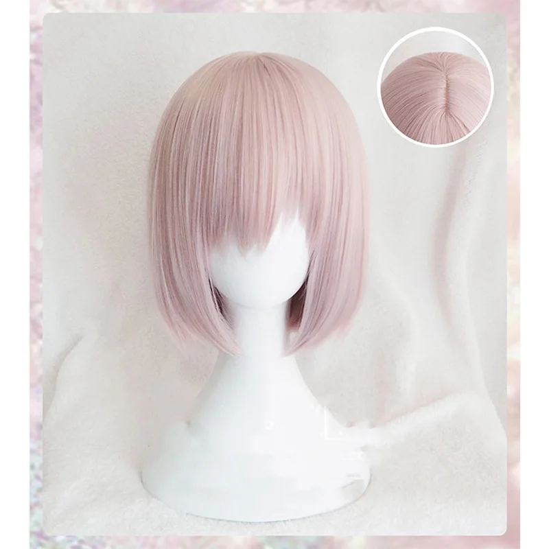 

12" Pink Short Synthetic Wig Fate/Grand Order Mash Kyrielight Demi-Servant Shielder Cosplay Wig Heat Resistance Fiber + Wig Cap