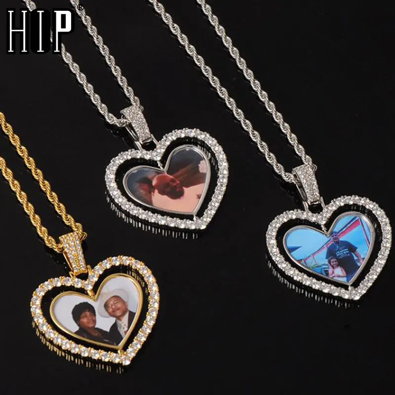 

Hip Hop Custom Made Photo Heart Rotating Double-sided Iced Out Bling Cubic Zircon Necklace&Pendant For Men Jewelry Tennis Chain