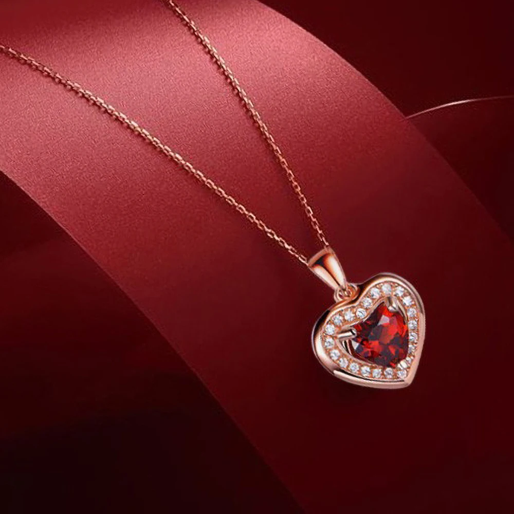 

TKJ S925 Silver Moissan Diamond Necklace Garnet Lock Love Style Elegant Temperament Romantic Valentine's Day Gift