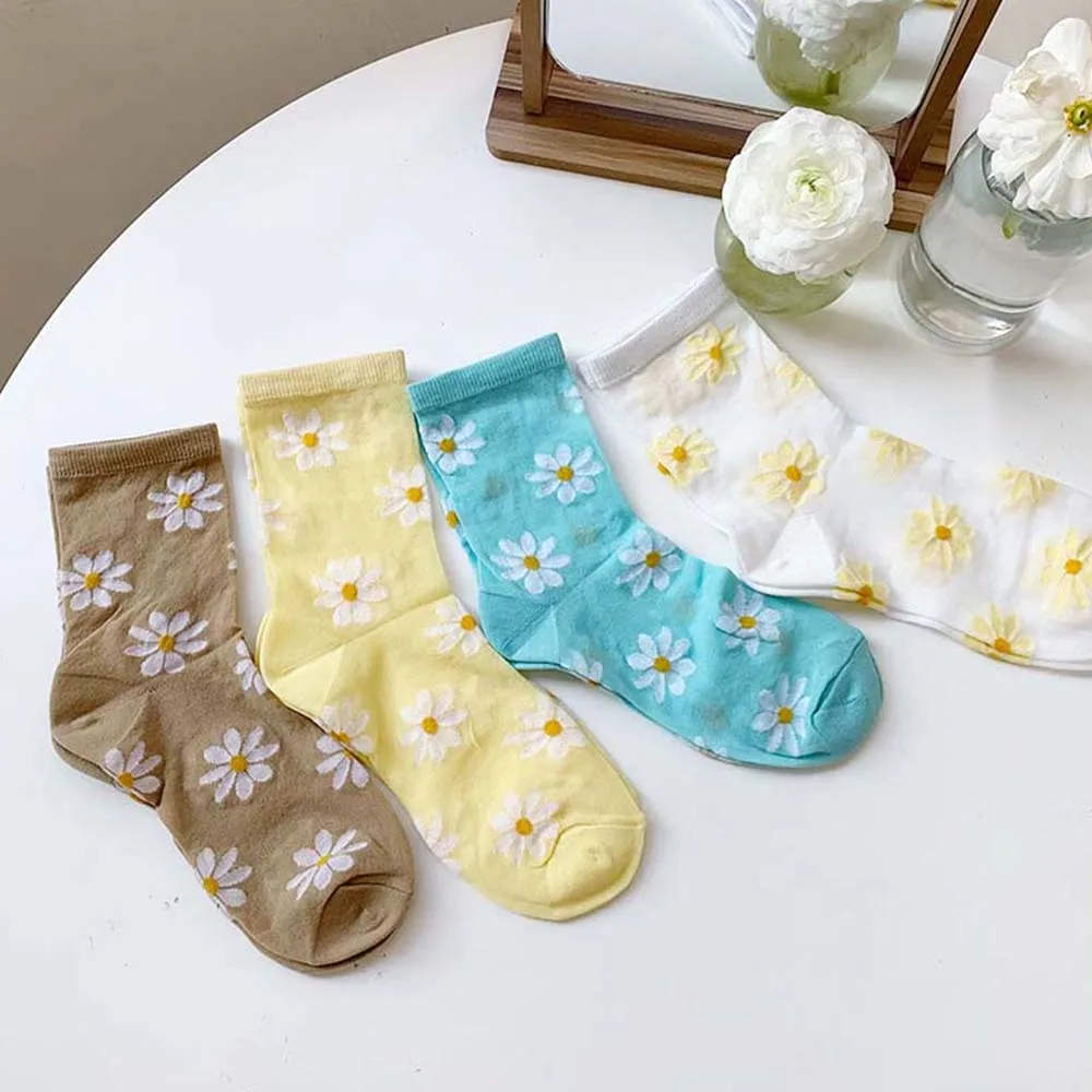 

Модные цветочные тюлевые носки, женские корейские сетчатые носки с маргаритками, женские шифоновые тонкие прозрачные разноцветные