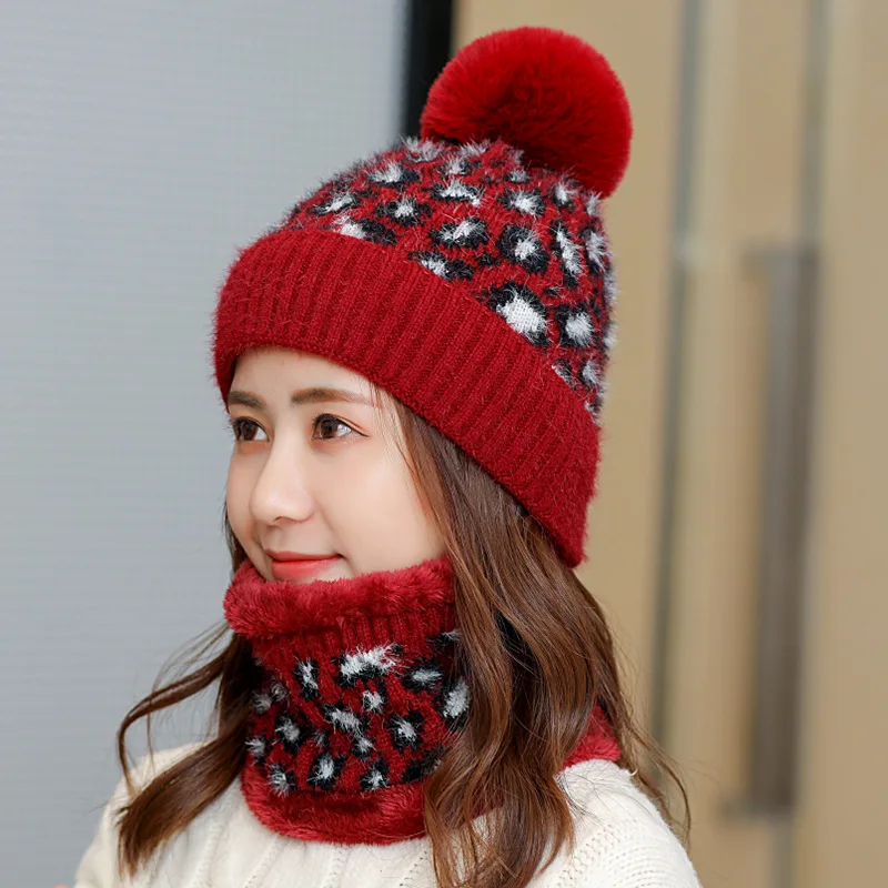 

New Winter Hat Scarf Set For Women Plus Velvet Warm Beanies Hat For Girl Winter Hats Scarf Plush Knitted Caps Scarf 2 Pieces Set